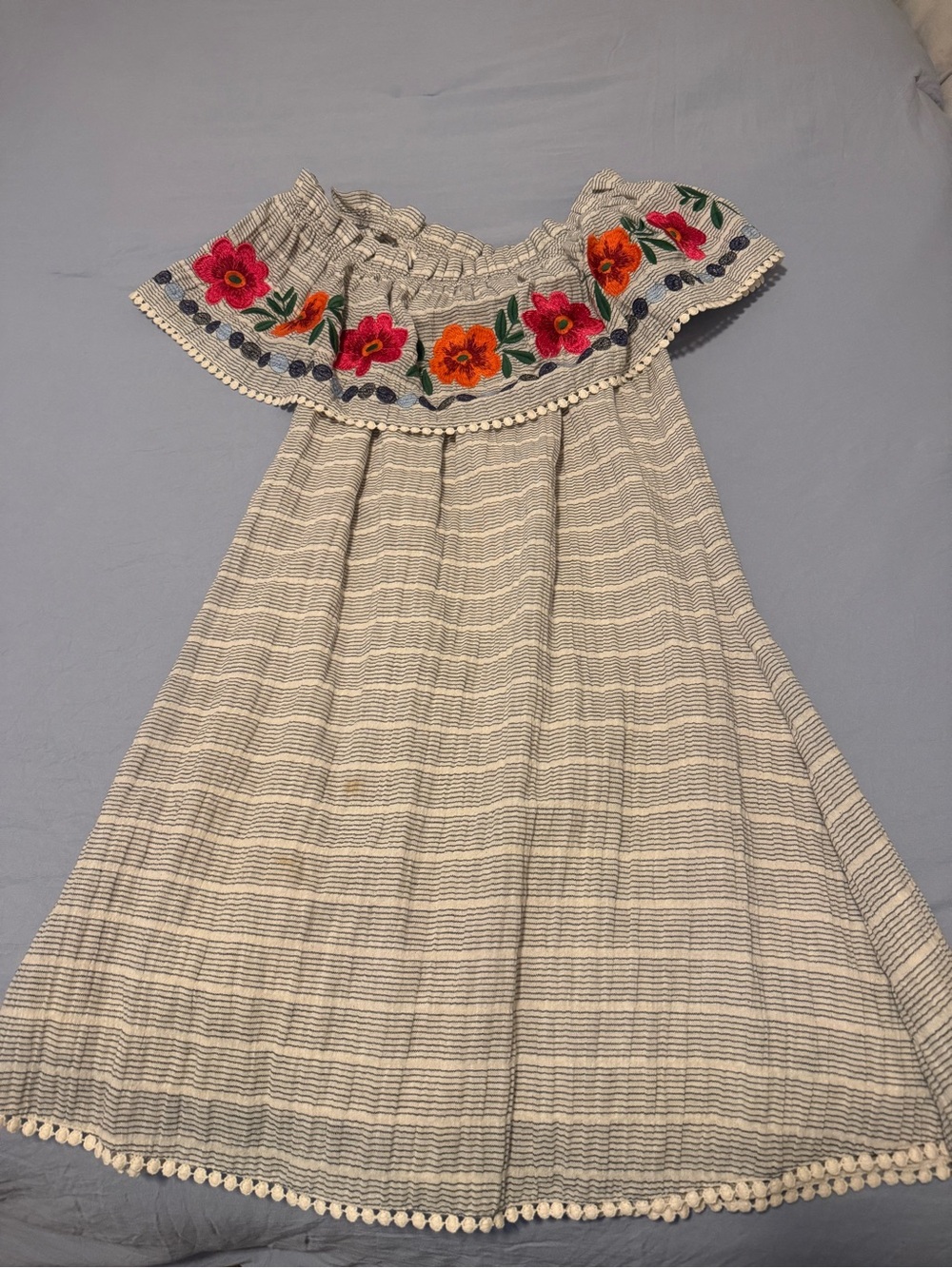 THML Striped Off-Shoulder Midi Dress with Floral Embroidery